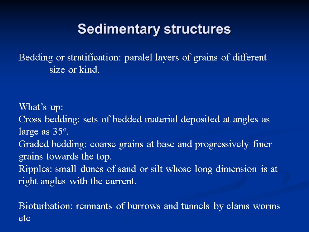 Sedimentary structures Bedding or stratification: paralel layers of grains of different size or kind.